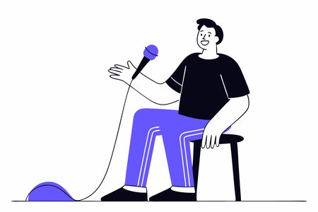 Standup comedian with microphone performing his comedy Standup comic with mike telling jokes at open mic show Live performer sitting on stool Flat concept illustration art on white backgroundのイラスト素材