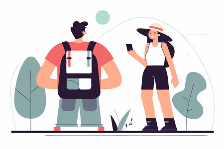 People wearing summer outfit panama back view Tourist with backpack with lgbt non binary patches standing Young woman in bucket hat walking Flat isolated vector illustration on white backgroundのイラスト素材
