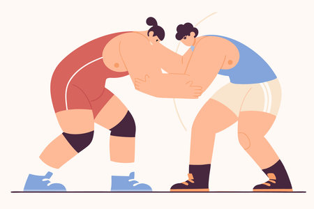 Wrestling match of two strong fighters Fight between freestyle wrestler's Sports opponents competing in battle Men athletes at tournament Flat illustration art on white backgroundのイラスト素材
