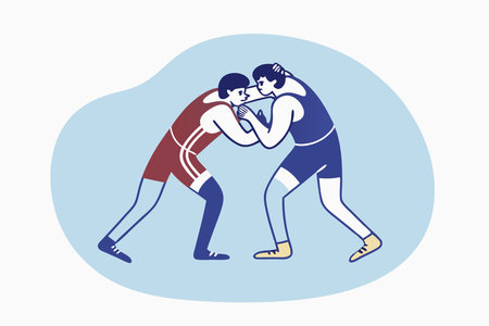 Wrestling match of two strong fighters Fight between freestyle wrestler's Sports opponents competing in battle Men athletes at tournament Flat illustration art on white backgroundのイラスト素材