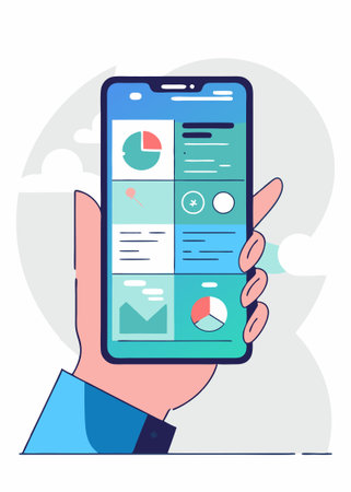 Hand holding smart phone demonstration dashboard prototype mobile app with flat cartoon style. on white backgroundのイラスト素材