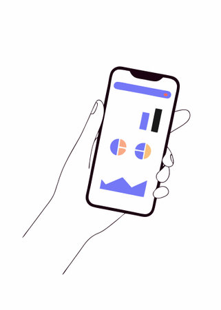 Hand holding smart phone demonstration dashboard prototype mobile app with flat cartoon style. on white backgroundのイラスト素材