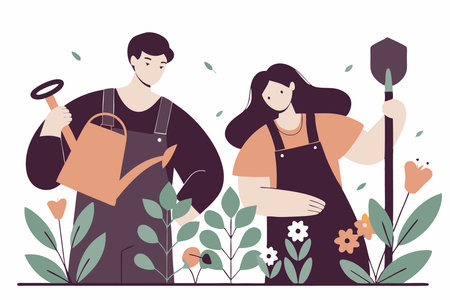 A couple of gardeners with plants and work tools illustration art on white backgroundのイラスト素材
