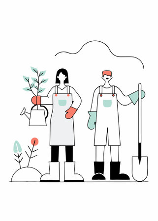 A couple of gardeners with plants and work tools illustration art on white backgroundのイラスト素材