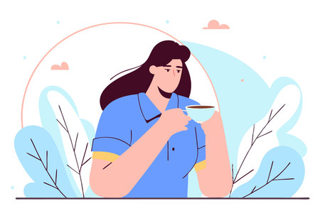 beautiful woman casually drinking coffee in line art style on white backgroundのイラスト素材