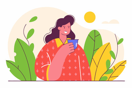 beautiful woman casually drinking coffee in line art style on white backgroundのイラスト素材