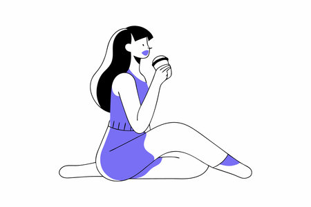 beautiful woman casually drinking coffee in line art style on white backgroundのイラスト素材