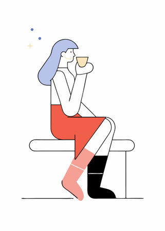 beautiful woman casually drinking coffee in line art style on white backgroundのイラスト素材