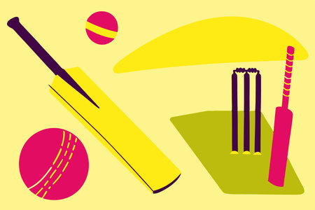 Cricket equipment set Sport Ball wooden Bat Wicket and green Court for playing cricket game Elements and accessories for sport match illustration art on white backgroundのイラスト素材