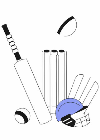 Cricket equipment set Sport Ball wooden Bat Wicket and green Court for playing cricket game Elements...