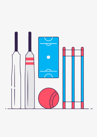 Cricket equipment set Sport Ball wooden Bat Wicket and green Court for playing cricket game Elements...