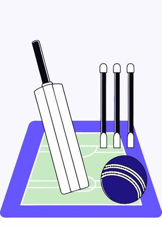 Cricket equipment set Sport Ball wooden Bat Wicket and green Court for playing cricket game Elements and accessories for sport match illustration art on white backgroundのイラスト素材