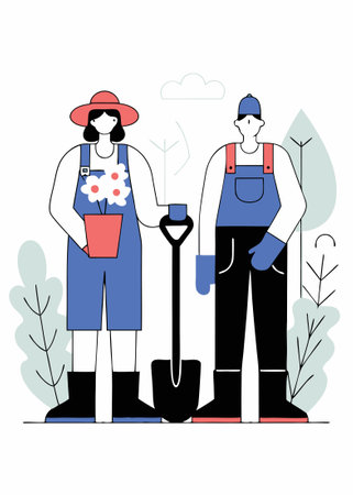 A couple of gardeners with plants and work tools illustration art on white backgroundのイラスト素材