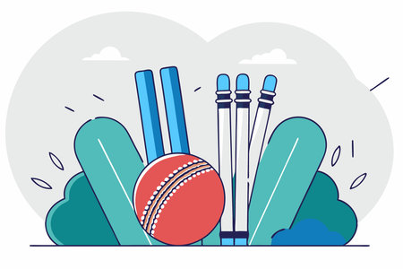 Cricket equipment, red leather ball and striking wooden wickets illustration art on white backgroundのイラスト素材