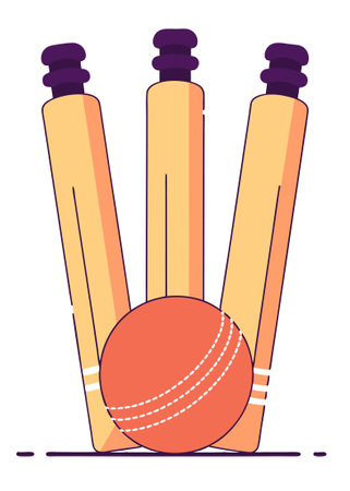 Cricket equipment, red leather ball and striking wooden wickets illustration art on white backgroundのイラスト素材