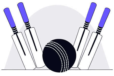 Cricket equipment, red leather ball and striking wooden wickets illustration art on white backgroundのイラスト素材
