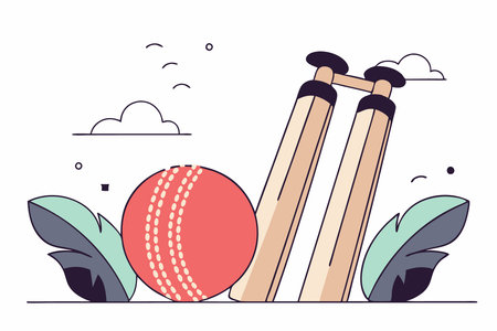 Cricket equipment, red leather ball and striking wooden wickets illustration art on white backgroundのイラスト素材