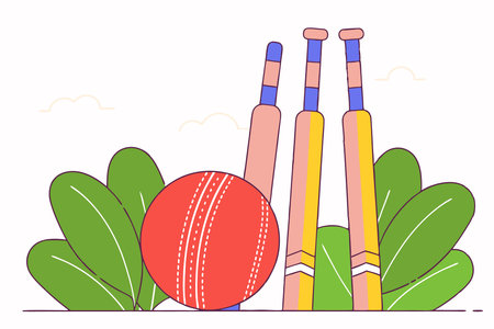 Cricket equipment, red leather ball and striking wooden wickets illustration art on white backgroundのイラスト素材