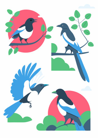Magpie birds set Magpies in different poses illustration art on white backgroundのイラスト素材