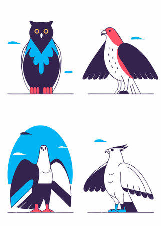 Set of predatory birds icons Owl eagle kite or hawk and vulture illustration art on white backgroundのイラスト素材