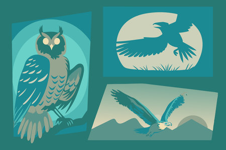 Set of predatory birds icons Owl eagle kite or hawk and vulture illustration art on white backgroundのイラスト素材
