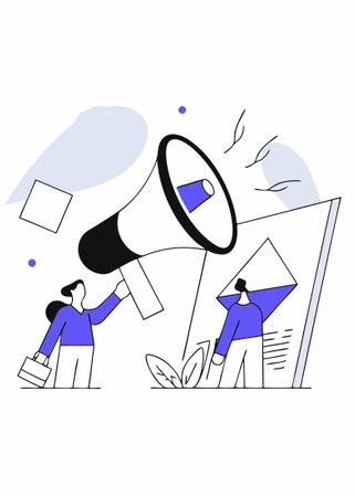 Tiny people, marketing manager with megaphone and push advertising. Push advertising, traditional marketing strategy, interruption marketing concept illustrationのイラスト素材