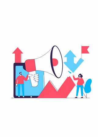 Tiny people, marketing manager with megaphone and push advertising. Push advertising, traditional marketing strategy, interruption marketing concept illustrationのイラスト素材