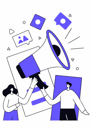 Tiny people, marketing manager with megaphone and push advertising. Push advertising, traditional marketing strategy, interruption marketing concept illustrationのイラスト素材