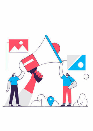 Tiny people, marketing manager with megaphone and push advertising. Push advertising, traditional marketing strategy, interruption marketing concept illustrationのイラスト素材