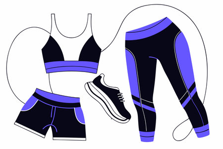 Workout clothes fashion. Trendy sportswear, sports uniform, fitness look. Female athlete, sportswoman exercising in fashionable gym apparel. illustration art on white backgroundのイラスト素材