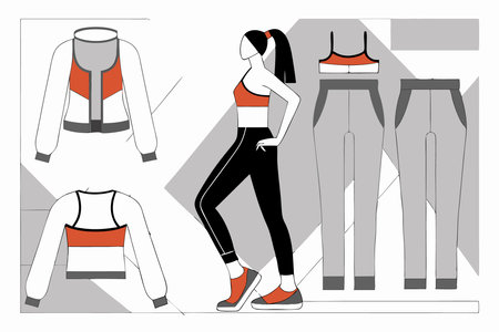 Workout clothes fashion. Trendy sportswear, sports uniform, fitness look. Female athlete, sportswoman exercising in fashionable gym apparel. illustration art on white backgroundのイラスト素材