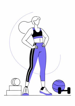 Workout clothes fashion. Trendy sportswear, sports uniform, fitness look. Female athlete, sportswoman exercising in fashionable gym apparel. illustration art on white backgroundのイラスト素材
