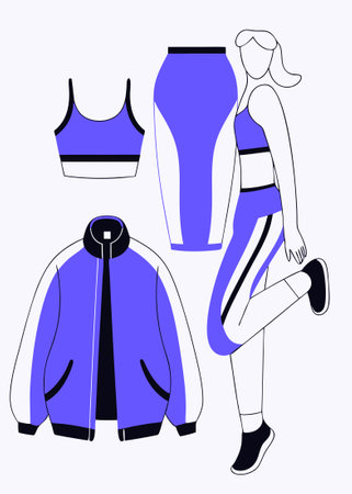 Workout clothes fashion. Trendy sportswear, sports uniform, fitness look. Female athlete, sportswoman exercising in fashionable gym apparel. illustration art on white backgroundのイラスト素材