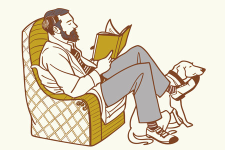 Bearded man with a dog sits on an armchair and reads a book concept illustration art on white backgroundのイラスト素材