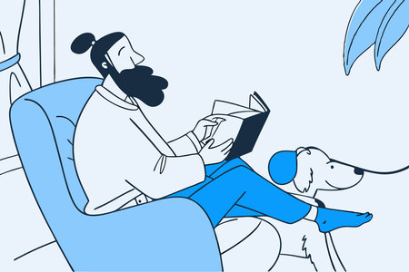 Bearded man with a dog sits on an armchair and reads a book concept illustration art on white backgroundのイラスト素材