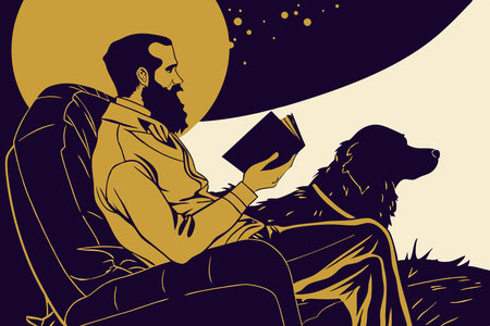Bearded man with a dog sits on an armchair and reads a book concept illustration art on white backgroundのイラスト素材