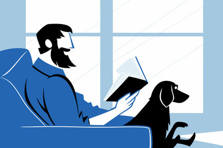 Bearded man with a dog sits on an armchair and reads a book concept illustration art on white backgroundのイラスト素材