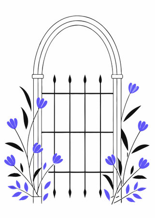Metal garden gate surrounded by flowers watercolor paint concept illustration art on white backgroundのイラスト素材