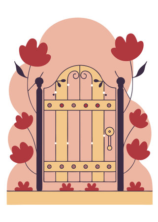 Metal garden gate surrounded by flowers watercolor paint concept illustration art on white backgroundのイラスト素材
