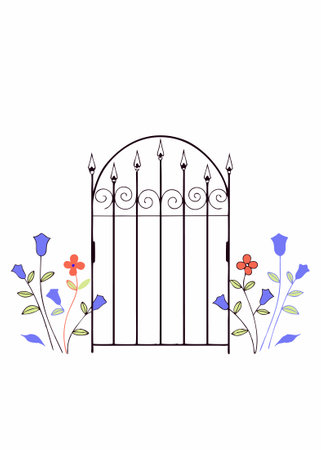 Metal garden gate surrounded by flowers watercolor paint concept illustration art on white backgroundのイラスト素材
