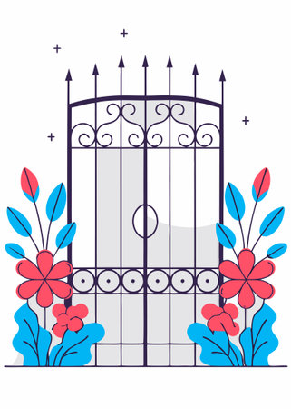 Metal garden gate surrounded by flowers watercolor paint concept illustration art on white backgroundのイラスト素材