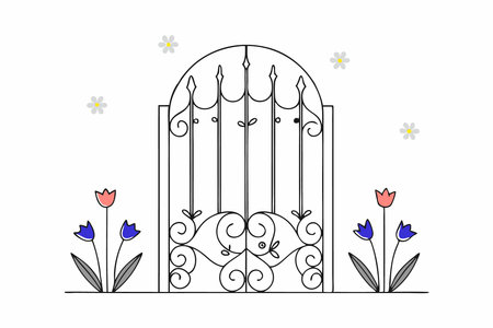 Metal garden gate surrounded by flowers watercolor paint concept illustration art on white backgroundのイラスト素材