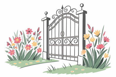 Metal garden gate surrounded by flowers watercolor paint concept illustration art on white backgroundのイラスト素材