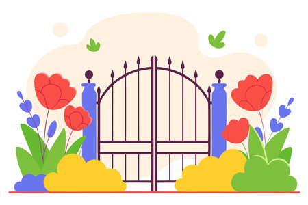 Metal garden gate surrounded by flowers watercolor paint concept illustration art on white backgroundのイラスト素材