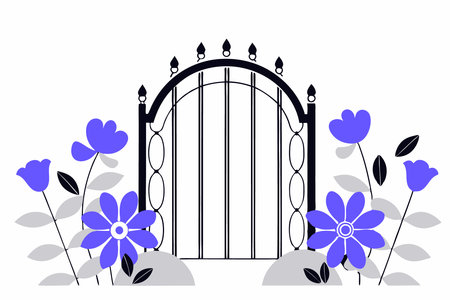 Metal garden gate surrounded by flowers watercolor paint concept illustration art on white backgroundのイラスト素材