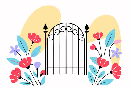 Metal garden gate surrounded by flowers watercolor paint concept illustration art on white backgroundのイラスト素材