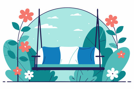 Swing chair with flowers watercolor paint concept illustration art on white backgroundのイラスト素材