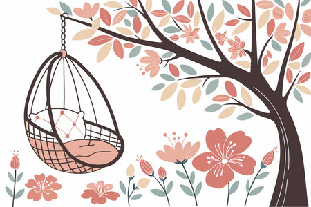 Swing chair with flowers watercolor paint concept illustration art on white backgroundのイラスト素材