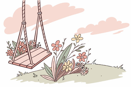 Swing chair with flowers watercolor paint concept illustration art on white backgroundのイラスト素材