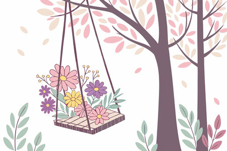 Swing chair with flowers watercolor paint concept illustration art on white backgroundのイラスト素材